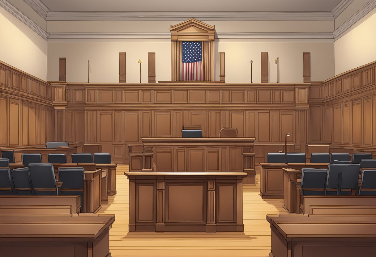 Une scène de tribunal avec un banc de juge, un box des témoins et des places pour les avocats et les jurés