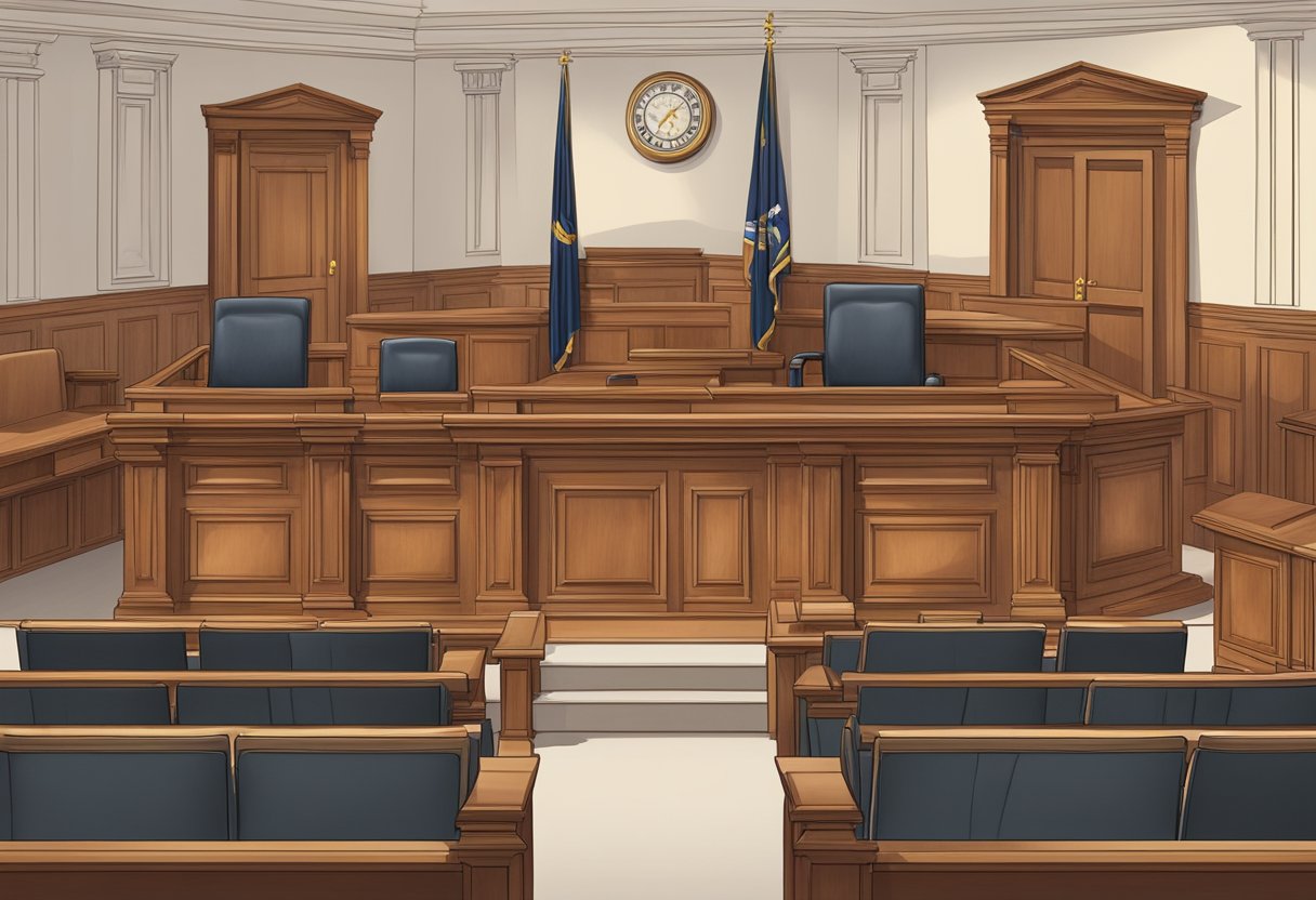 Une scène de tribunal avec le banc du juge, le box des témoins et des places pour les avocats et les spectateurs