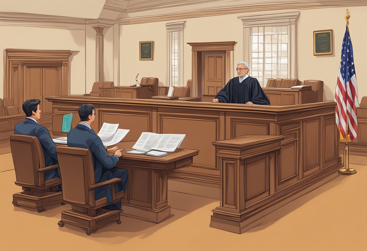 Une salle d'audience avec un juge présidant un procès, des avocats présentant des arguments, et un défendeur assis à la barre.