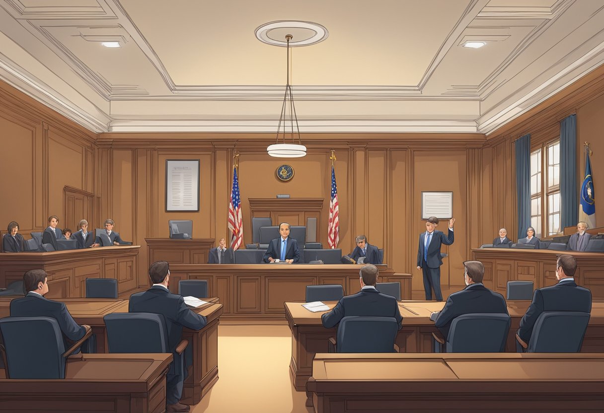 Une salle d'audience avec un juge présidant un procès, des avocats présentant des preuves et un défendeur assis au centre de la pièce.