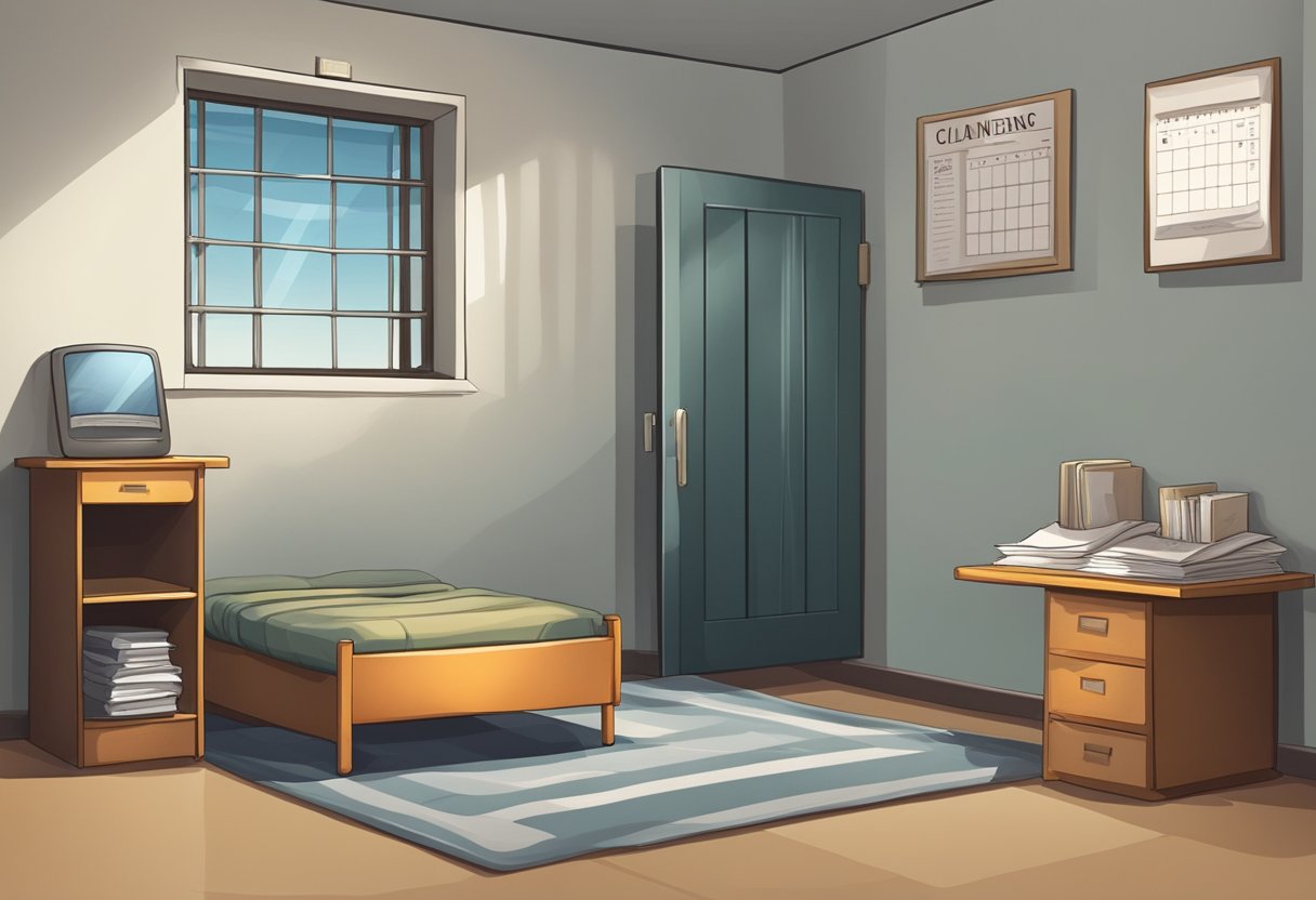 Une cellule de prison avec une petite fenêtre, un lit et un bureau. Un calendrier sur le mur marque le passage du temps.