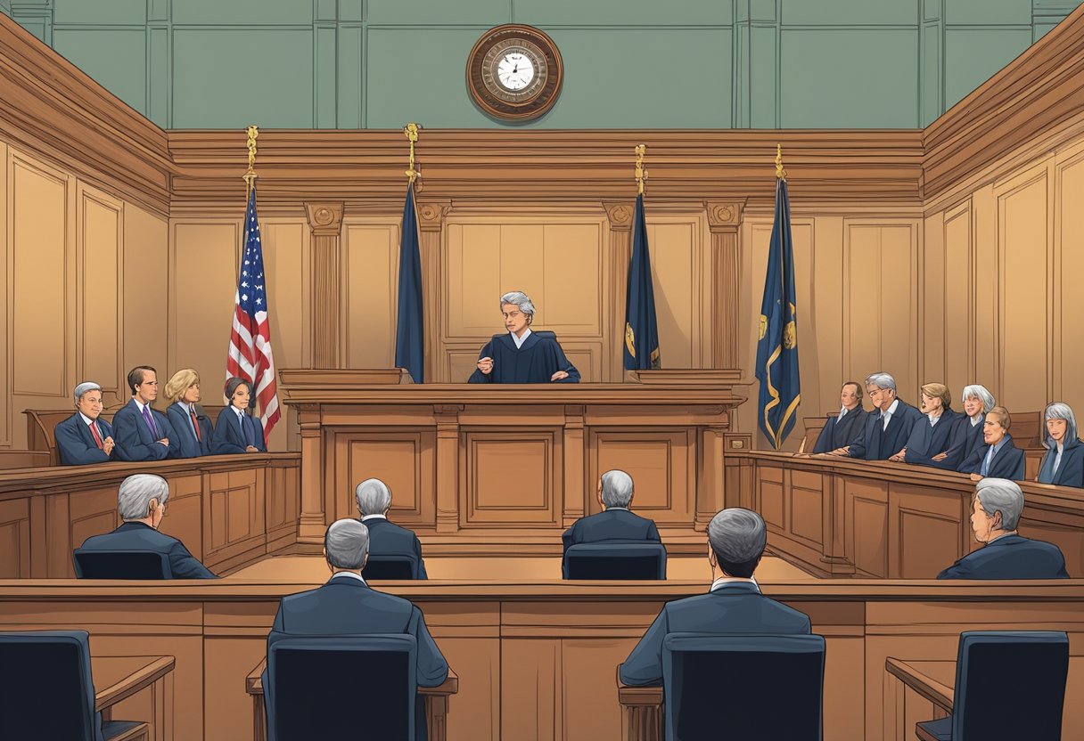 Une scène de tribunal avec des juges présidant des affaires, affichant leurs rôles et leur indépendance à travers leurs actions et décisions.