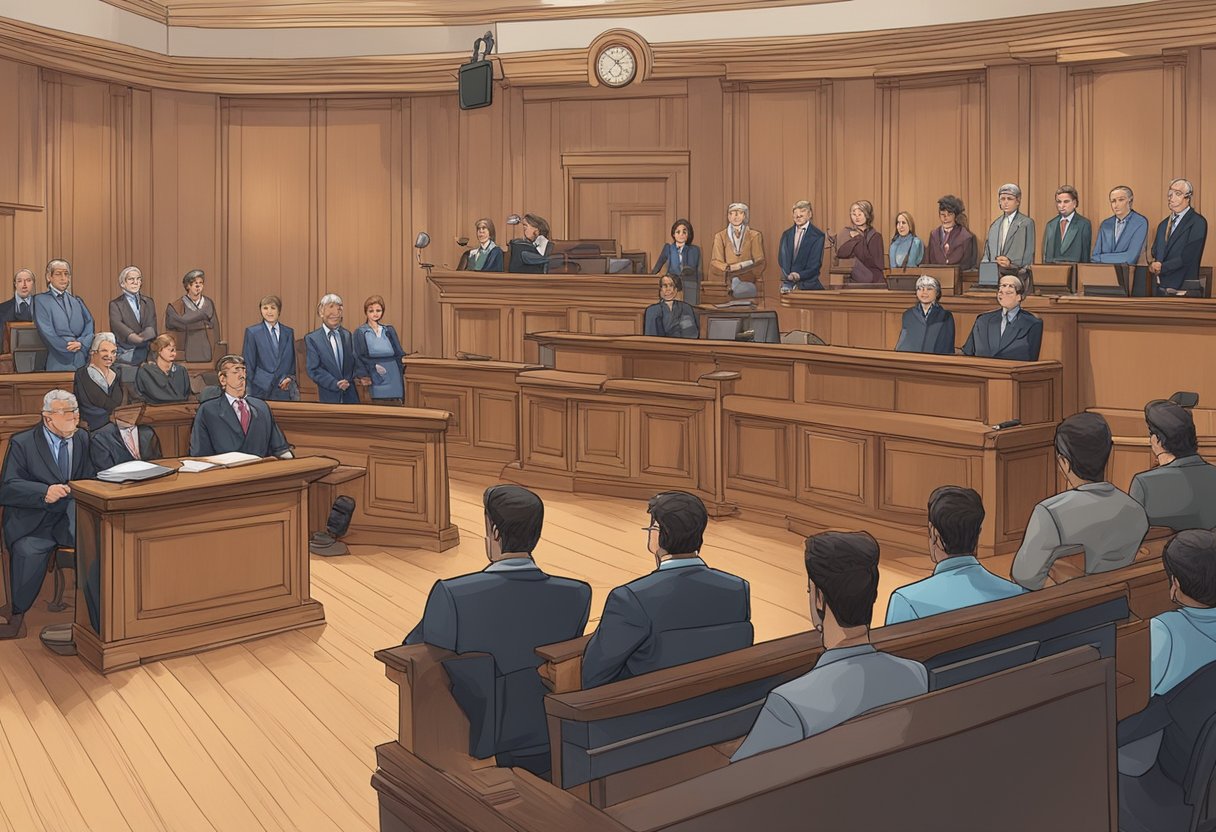 Une salle d'audience avec un banc de juge, un box des témoins et une galerie remplie de spectateurs. Des caméras et des microphones bordent la pièce, capturant les procédures judiciaires très médiatisées.